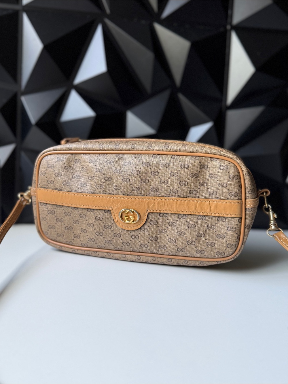 Gucci Beige Brown Monogram Shoulder Bag with Tan Leather Trim
